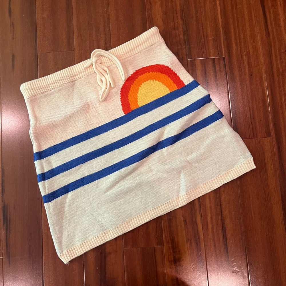 Sunset Knit Mini Skirt Graphic Cream Blue Stripe Beach Retro New Size Medium
